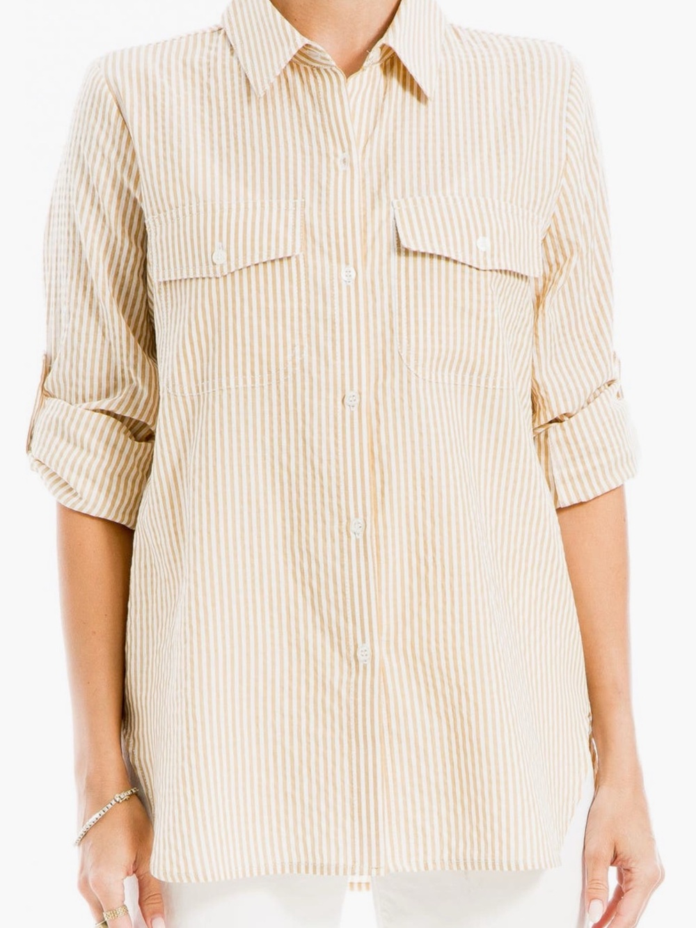 Max Studio Beige Striped Button-Down Shirt